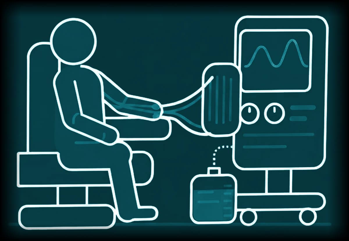 A patient receiving haemodialysis beside a machine, with the blood lines running to the dialyser and a concentrate container feeding the machine