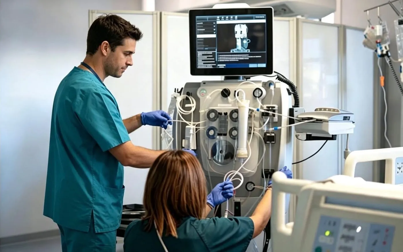 Two clinicians preparing a haemodialysis machine before a treatment session
