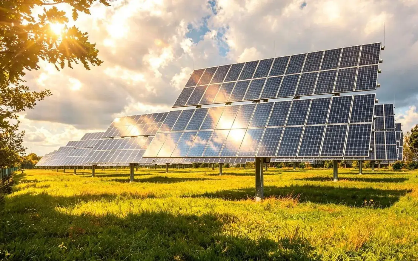 Rows of solar panels in open grassland under a bright sky