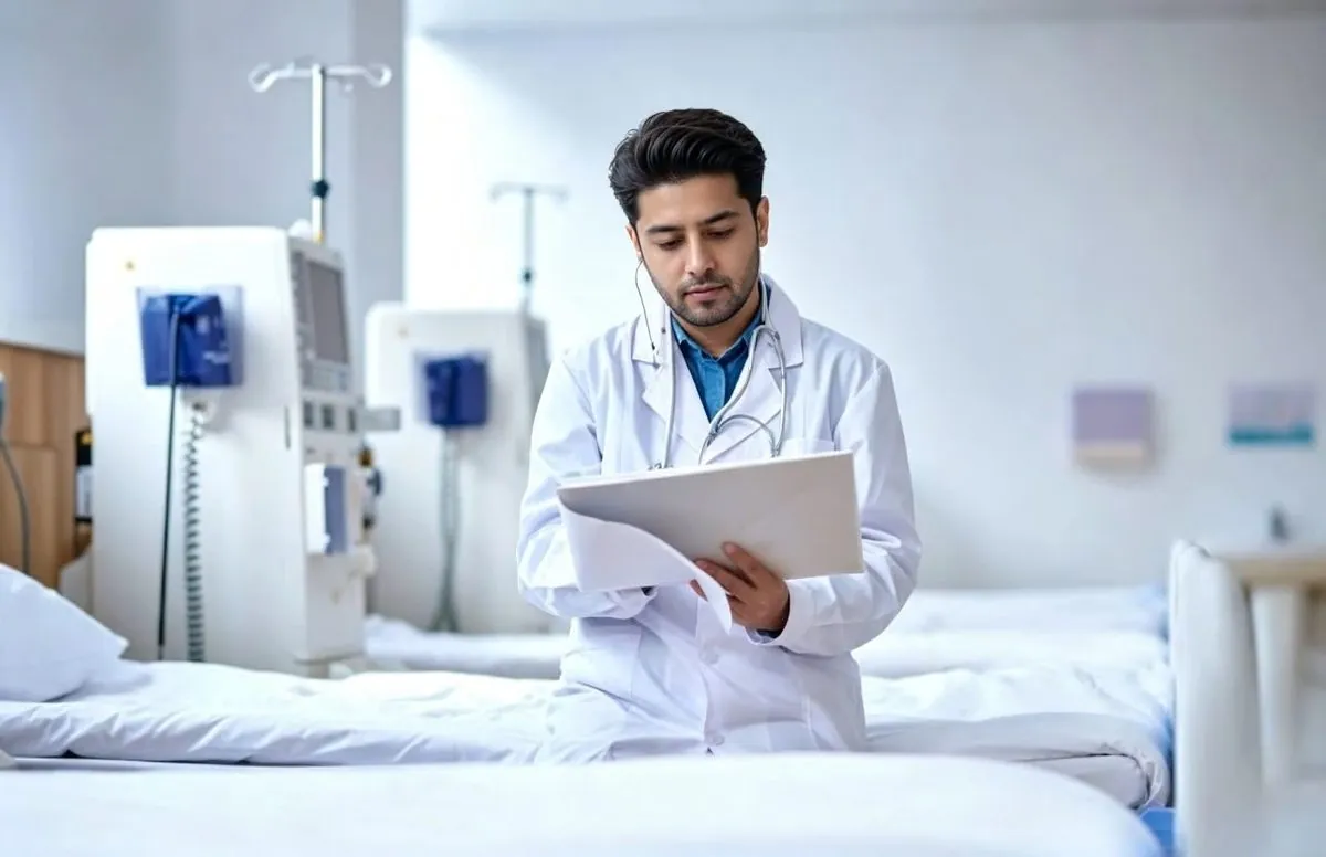 A clinician checking treatment records beside haemodialysis machines