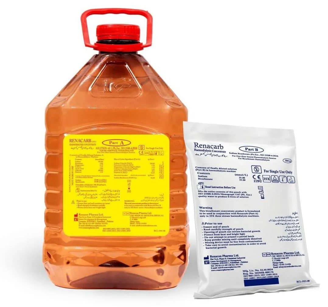 Renacarb haemodialysis concentrate: a 4 litre Part A acid concentrate can beside a Part B sodium bicarbonate pouch