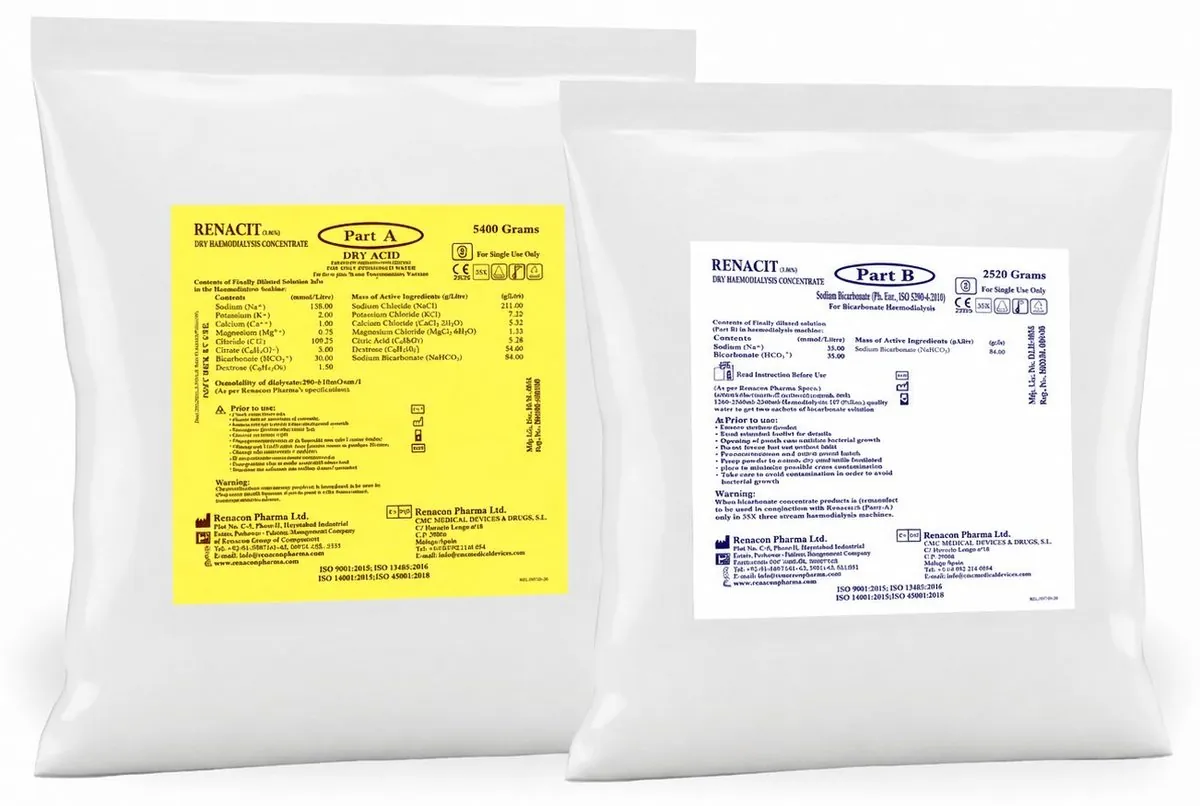 Renacit dry haemodialysis concentrate: Part A dry acid and Part B sodium bicarbonate powder sacks