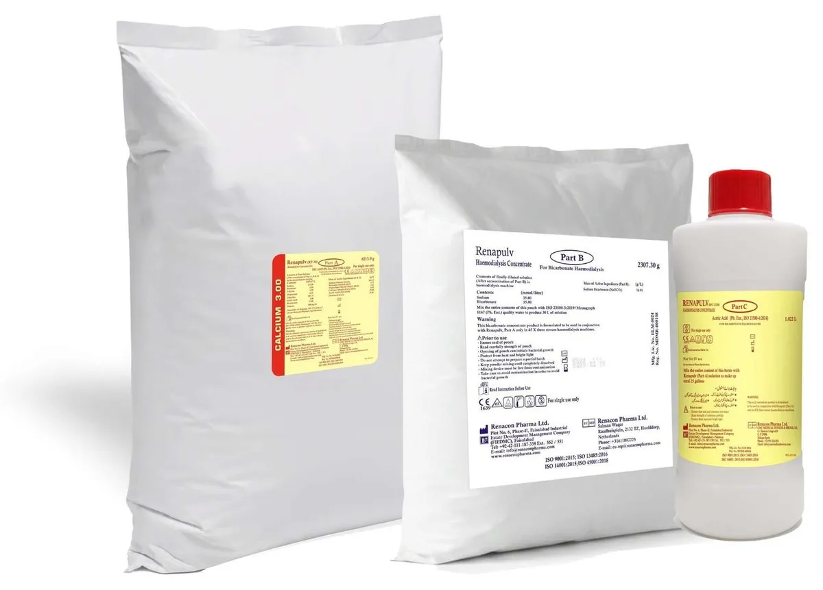 Renapulv dry haemodialysis concentrate: Part A and Part B powder sacks beside the Part C acetic acid bottle